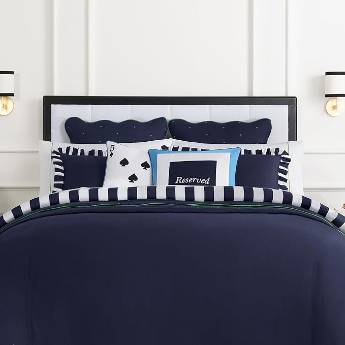 Kate Spade New York Saved You A Spot Reversible Decorative Pillow, 20" x 20" Throw Pillow for Bed or Sofa, Cotton and Linen Cover, Blue, 20 x 20