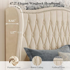 Belffin King Bed Frame and Headboard, Luxury Upholstered Velvet Platform Bed with Wingback, Button Tufted & Nailhead Trim, Anti-Slide Tall Footboard, No Box Spring Needed, Noise-Free, Beige
