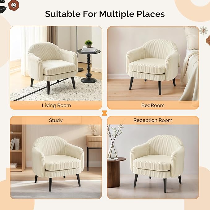 VINGLI 30.3" Wide Modern Barrel Accent Armchair with Track Armrest, Solid Wooden Legs, Comfy Upholstered Club Chair, Round Single Home Sofa for Living Room, Bedroom, Reading Room, Corduroy Beige