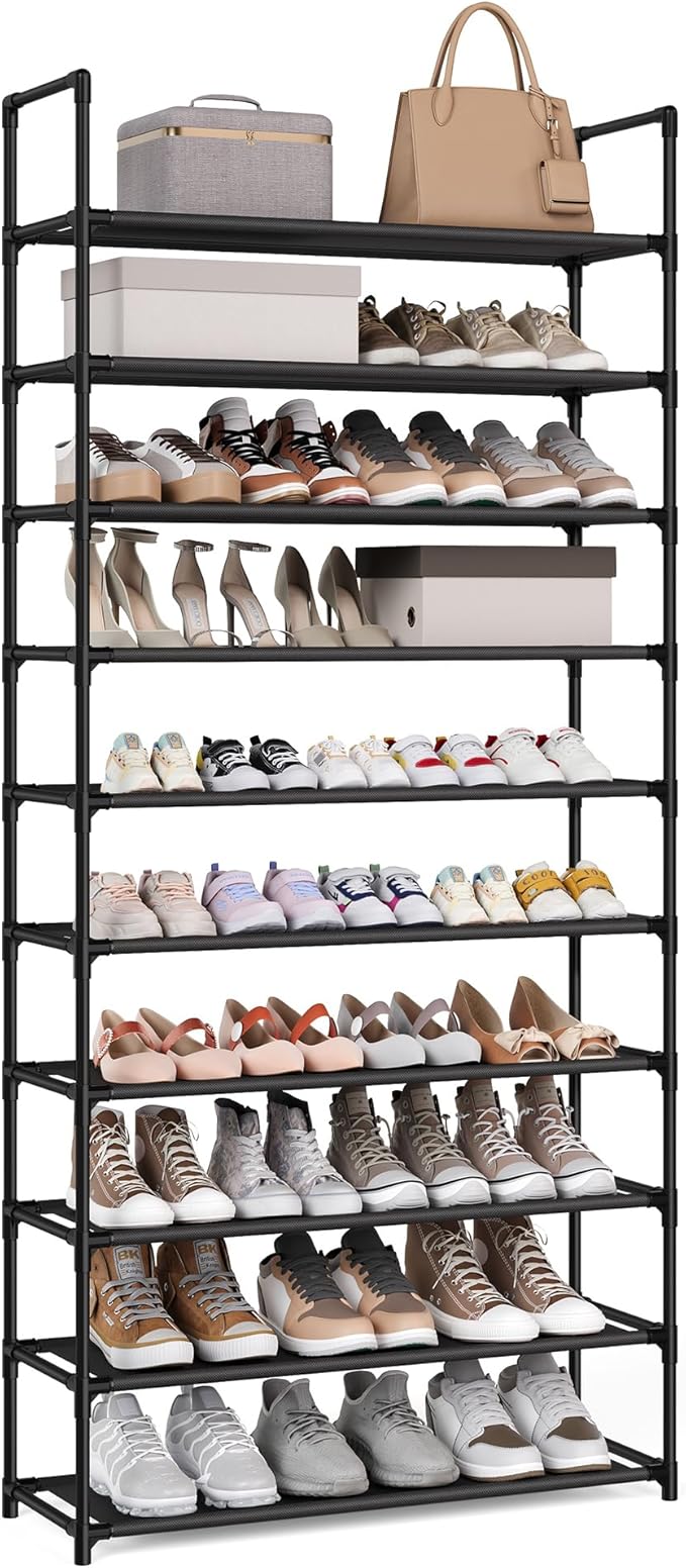 SONGMICS Shoe Rack, 10-Tier Shoe Shelf, Shoe Storage Organizer, 11 x 32.7 x 68 Inches, Metal Frame, Non-Woven Fabric Shelves, for Entryway, Bedroom, Black ULSH110BH01