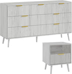 LYNSOM Fluted Dresser and Nightstand Sets 2 Piece, 1-Drawer Nightstands and 7-Drawers Dresser, Wood Bedroom Furniture Set for Home, Bedroom, Hallway, White