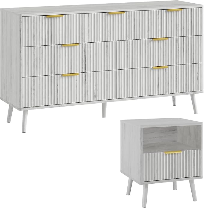 LYNSOM Fluted Dresser and Nightstand Sets 2 Piece, 1-Drawer Nightstands and 7-Drawers Dresser, Wood Bedroom Furniture Set for Home, Bedroom, Hallway, White
