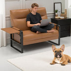 Faux Leather Loveseat, Upholstered Loveseat with Side Tray Table & Storage Pocket, Small Loveseat for Living Room, Modern 2 Seater Sofa Couch for Small Spaces, Bedroom, Brown