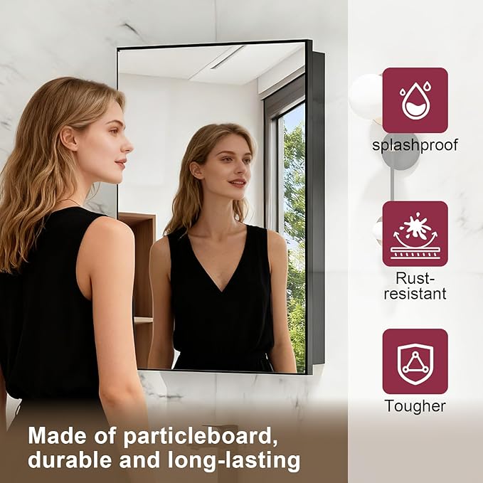 Black Medicine Cabinet Mirror, 17x30 Inch Bathroom Mirror with Storage and Adjustable Shelves, Recessed or Surface Wall Mount Medicine Cabinets for Bathroom,Tempered Glass