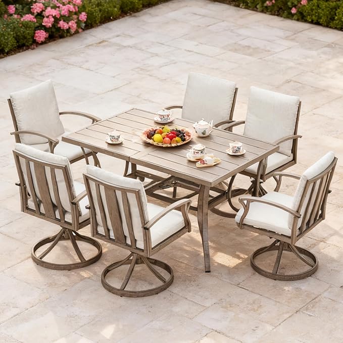 7-Piece Patio Swivel Dining Set for 6, Aluminum Outdoor Dining Set with Umbrella Hole, Patio Dining Furniture with Cushions, Outdoor Table and 6 Swivel Chairs for Deck Garden Yard, Limed Oak