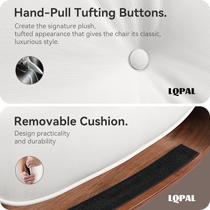 Top White Grain Leather, Mid Century Chaise Lounge Chair and Ottoman, Modern Chair Classic Design, Walnut Wood, Heavy Duty Base Support for Living Room Office