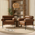 Modern Accent Chairs Set of 2, Single Sofa Accent Chairs for Living Room, Oversized Upholstered Leather Mid-Century Office Reading Armchairs with Channel Tufted for Bedroom, Brown