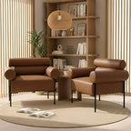 Modern Accent Chairs Set of 2, Single Sofa Accent Chairs for Living Room, Oversized Upholstered Leather Mid-Century Office Reading Armchairs with Channel Tufted for Bedroom, Brown