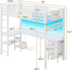 ADORNEVE Loft Bed Twin Size with L-Shaped Desk, LED Lights,Charging Station, Twin Metal Loft Bed Frame with Fabric Drawers & Shelve, 13.4" H Safety Guardrail, No Box Spring Needed, White