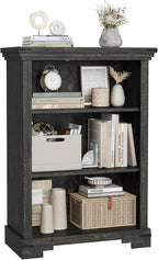 3-Tier Farmhouse Bookshelf, Book Shelf with Open Storage & One Adjustable Shelf, 9.8" D x 26" W x 38" H, Wooden Bookshelf for Study Room, Living Room, Kitchen, Bedroom (Black)