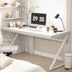 FOLUBAN Modern White Desk, Rustic Wood and Metal Computer Desk for Home Office, Simple Writing Work PC Desks for Bedroom, Industrial Study Gaming Table for Living Room, White, 53 Inch