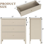 RoyalCraft Large 3 Drawer Dresser Set of 2, Fluted Wood Drawers for Bedroom, Modern Painted 30 inch Wide Nightstand for Bedroom, Entryway, Beige
