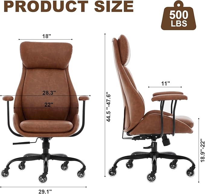 Home Office Desk Chair, PU Casters Ergonomic Computer Chair with Lumbar Support, Adjustable Height, 360°Rolling Swivel Chair, High Back Executive Task, Padded Armrests Chair, Brown Leather