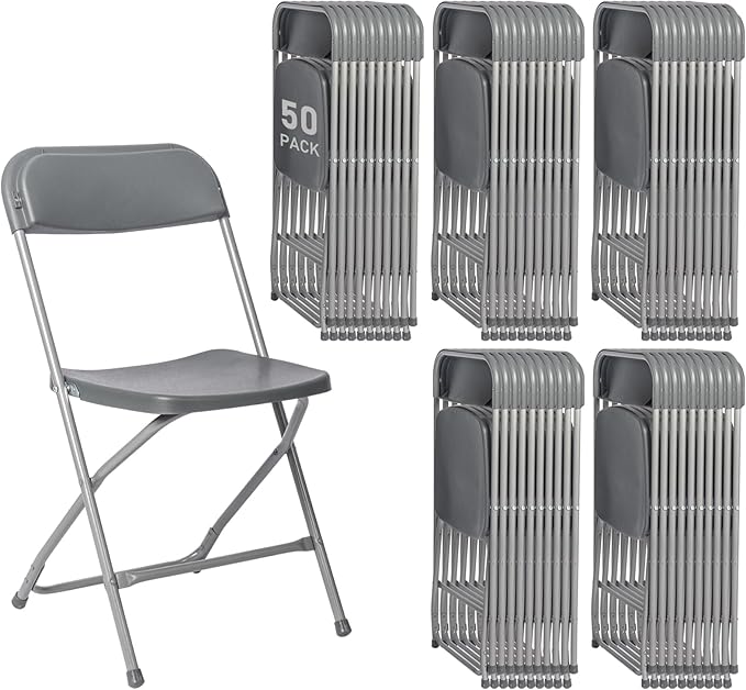 50 Pack Plastic Grey Folding Chairs,Portable Party Chairs Stackable Commercial Seats with Steel Frame for Office Home Outdoor Indoor Wedding Party Patio Dinning Events,350lbs Capacity
