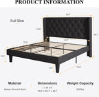 SHA CERLIN Full Size Platform Bed Frame with Upholstered Headboard and Wingback, Button Tufted Design, Easy Assembly, No Box Spring Needed, Black