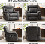 Massage Recliner Chair with Heated, Faux Leather Recliner Chairs for Adults, 39" Wide Manual Reclining Ergonomic Lounge Chair for Living Room with Overstuffed Backrest, Side Pocket, Grey