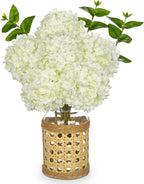 Hollyone White Hydrangea Artificial Flowers in Woven Glass Vase with Faux Water Silk Hydrangeas Fake Flowers Floral Arrangement for Home Indoor Bathroom Kitchen Office Table Centerpiece Shelf Decor