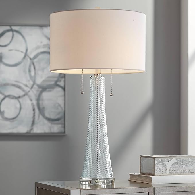 Possini Euro Design Miriam Modern Table Lamps 28.5" Tall Set of 2 Light Sky Blue Fluted Glass with Swirl Pattern White Drum Shade for Living Room Bedroom Bedside Nightstand Office Family