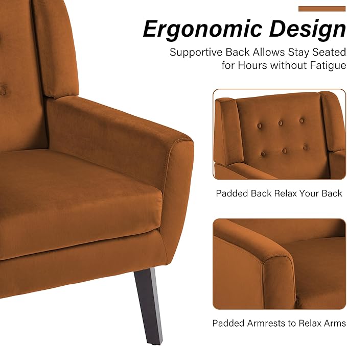 Lumibee Accent Chair, Modern Velevet Armchair for Living Room, Comfy Upholstered Arm Chair Tufted for Indoor Bedroom Office Room (Orange Velvet)