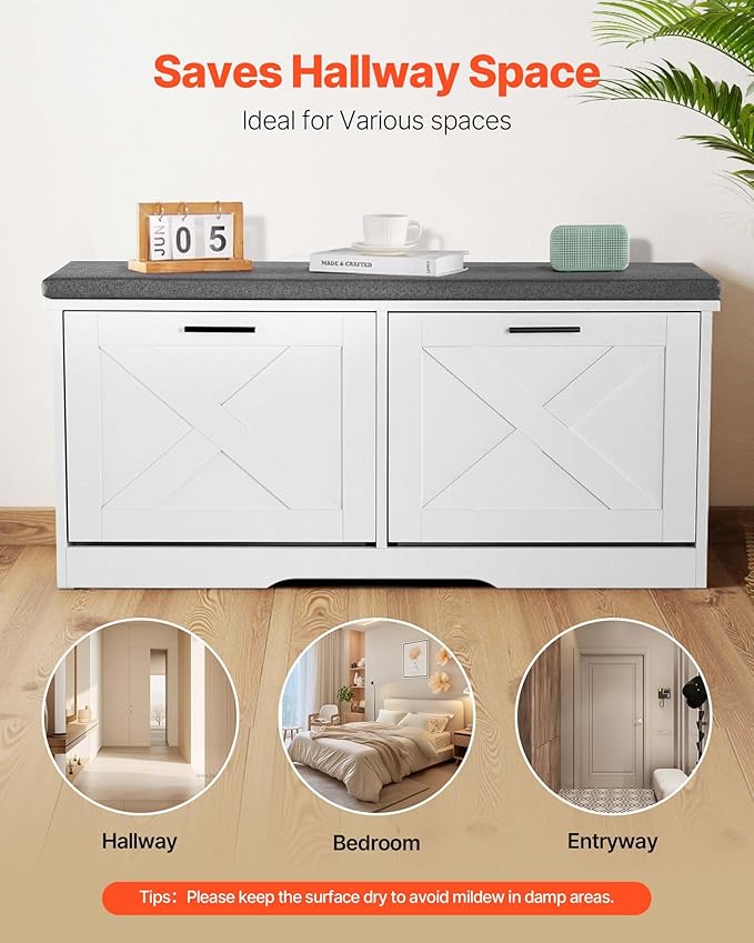 VEVOR Shoe Storage Bench with 2 Flip Drawers & Padded Cushion, Entryway Bench with Adjustable Shelves, Holds up to 440 lbs, 39.4 x 12.0 x 18.7 Inches, for Entryway, Hallway, Living Room, Bedroom