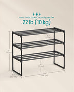 SONGMICS Shoe Rack, 3-Tier Shoe Organizer, Metal Storage Shelf, Upright or Upside Down, for 8-12 Pairs, Stackable, for Entryway, 11.8 x 26.8 x 21.7 Inches, Black ULSA203B01