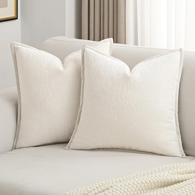 FUTEI Cream White Chenille Throw Pillow Covers 18x18 Inch Set of 2,Soft Cozy Bound Edge Design Cushion Case,Home Decor for Couch Bed Living Room