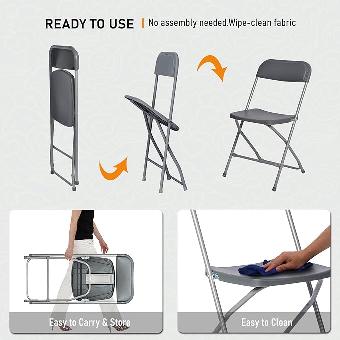 SEALAMB Plastic Folding Chairs 16 Pack, Gray Commercial Portable Indoor/Outdoor Chairs for Home Office, Wedding, Events Parties with Steel Frame, 350lbs Capacity (Gray-Plastic, 16 Pack)