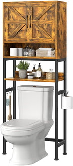 Over The Toilet Storage Cabinet - Bathroom Shelves Above Toilet Freestanding Organizer Shelf with Doors Narrow Floor Stand Rack Farmhouse Wood 71" Tall, Rustic Brown