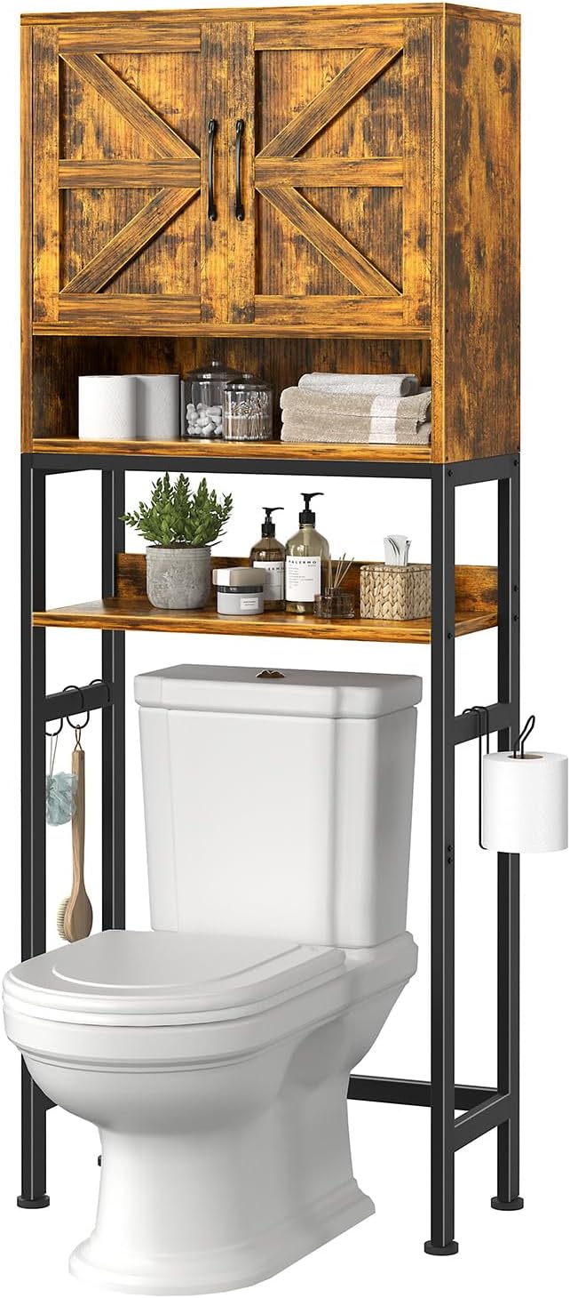 Over The Toilet Storage Cabinet - Bathroom Shelves Above Toilet Freestanding Organizer Shelf with Doors Narrow Floor Stand Rack Farmhouse Wood 71" Tall, Rustic Brown