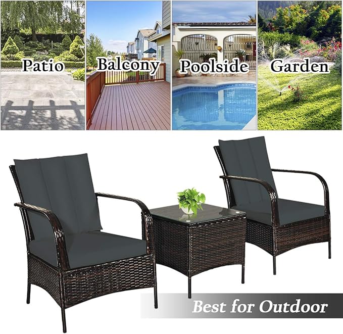 COSTWAY 3 Pieces Patio Rattan Furniture Set, Outdoor Conversation Chair Set with Coffee Table & 2 Cushions for Backyard, Porch, Poolside, Lawn, Garden, Grey