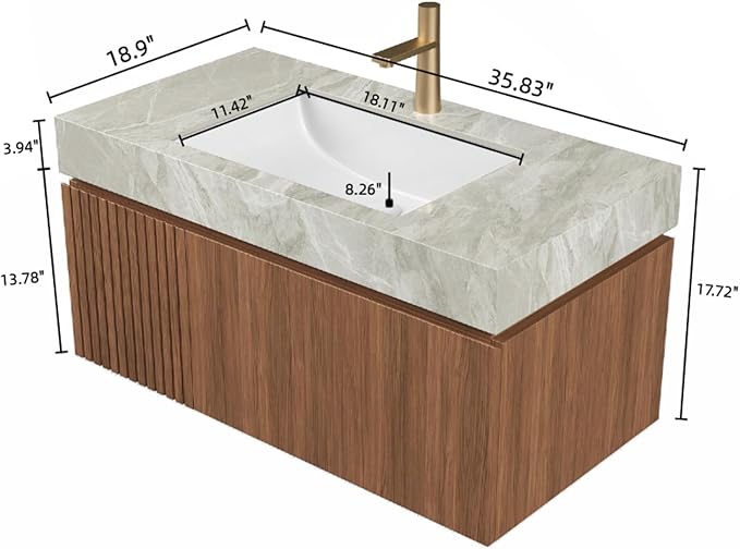 Bathroom Vanity with Sink 36 Inch, Floating Bathroom Vanity Sink Cabinet with Drawer and Door, Undermount Sink & Light Gray Sintered Stone Top, Pre-Assembled, Espresso