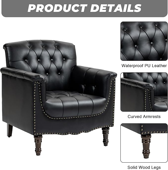 Lumibee Faux Leather Armchair, Contemporary Accent Chair with Nailhead Trims & Wood Legs for Living Room, Upholstered Comfy Arm Chair for Office,Bedroom-Black