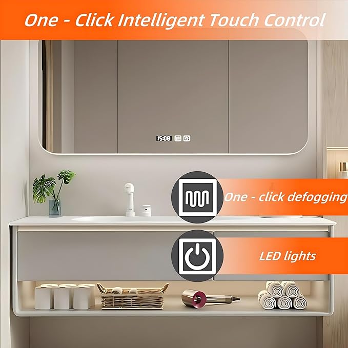 56IN Grey Bathroom Vanity Set - Floating Bathroom Vanity with Single Sink | Including LED Smart Defogging Mirror Cabinet & Time Display Function, Equipped with Motion Sensing Light Strip (Style B)