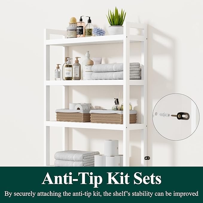 Smiry Over The Toilet Storage Cabinet, 4-Tier Bamboo Bathroom Organizers with Adjustable Shelf & 4 Hooks, Space Saving Shelf Rack for Bathrooms, Laundry Room, Balcony, White