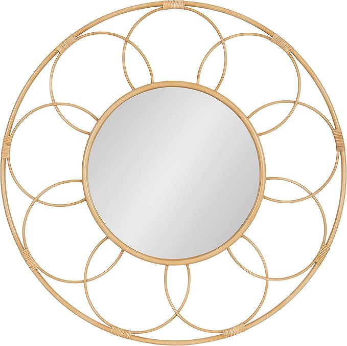 Kate and Laurel Cori Boho Round Mirror; 34 Inch Diameter; Natural; Light Decorative Metal Mirror with Rattan Accenting for Coastal Home Wall Decor