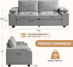 74" Loveseat Couch for Living Room,Modern Chenille Upholstered Sofa with Adjustable Storage Armrest,Cup Holders,USB & Type-C Ports,Solid Wood 2-Seater Loveseat Sofa for Apartment(Gray)