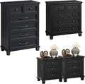 Farmhouse Bedroom Dresser and Nightstand Set of 4, 6 Drawer Tall & 5 Drawers Dresser & 3 Drawer Nightstand Set with Wooden Legs, Rustic Wood Bedroom Furniture for Livingroom, Hallway, Black