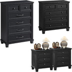 Farmhouse Bedroom Dresser and Nightstand Set of 4, 6 Drawer Tall & 5 Drawers Dresser & 3 Drawer Nightstand Set with Wooden Legs, Rustic Wood Bedroom Furniture for Livingroom, Hallway, Black
