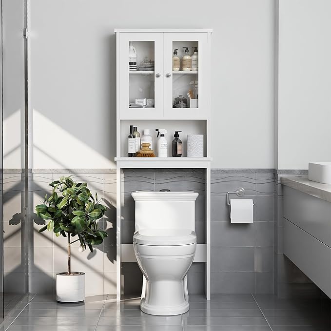Meilocar Over The Toilet Storage Cabinet, Bathroom Storage Organizer Over Toilet, Space Saver W/Adjustable Shelf & Open Shelf, White