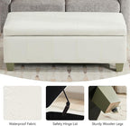 51" Faux Leather Storage Ottoman, Stitch Tufted Rectangle Upholstered End of Bed Storage Bench, Entryway Large Couch Ottoman with Wooden Legs,White