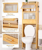 Over The Toilet Storage Shelf with Drawer, Above Bamboo Bathroom Organizer Cabinet with Anti-Tip and Waterproof Feet Pad Design, Freestanding Shelf for Bathroom (Bamboo)