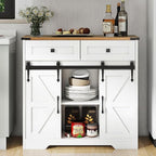 Vabches Bathroom Floor Cabinet, Farmhouse Storage Cabinet with Sliding Barn Door and Storage Drawers, White Buffet Cabinet with Adjustable Shelves for Bathroom, Kitchen, Entrance Area, Living Room
