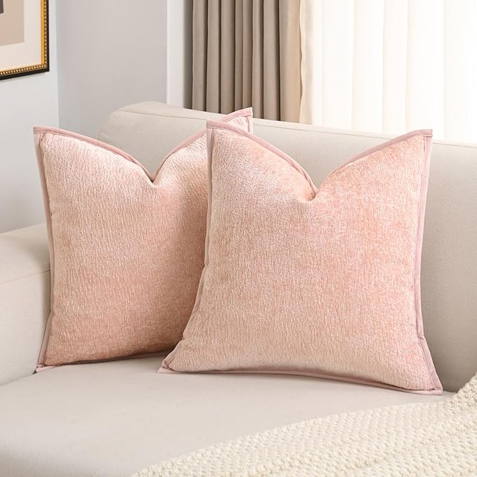FUTEI Pink Chenille Throw Pillow Covers 24x24 Inch Set of 2,Soft Cozy Bound Edge Design European Cushion Cover,Home Decor for Couch Bed Living Room