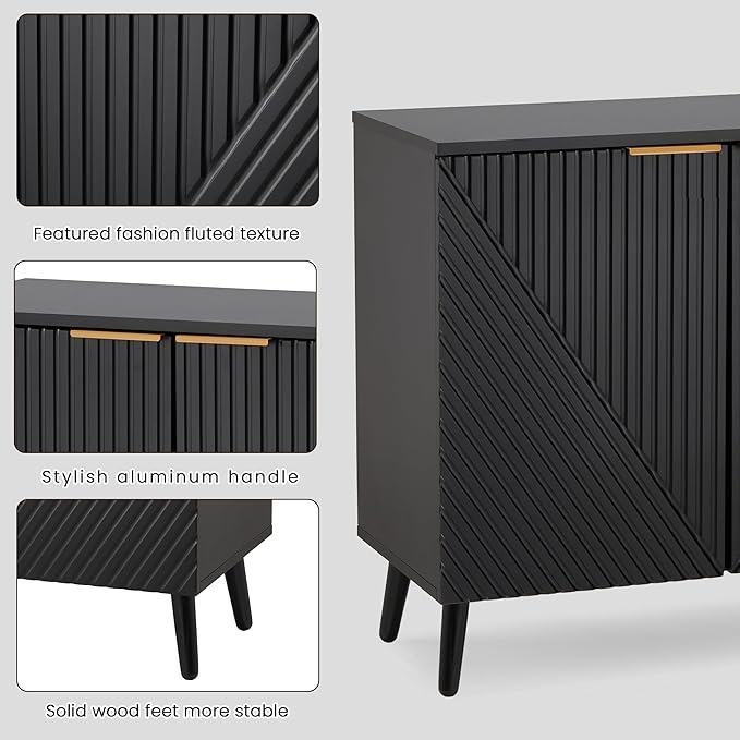 Fluted Black Storage Cabinet with Doors, Wood Sideboard Buffet Cabinet with Adjustable Shelf, Modern Accent Table for Living Room, Entryway