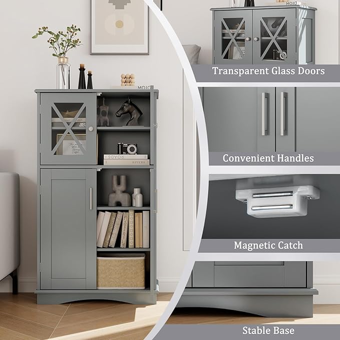 Giantex Bathroom Floor Storage Cabinet - Linen Floor Cabinet with Doors and Adjustable Shelves, Freestanding Side Storage Organizer for Bathroom, Living Room, Entryway, Kitchen Storage Unit (Grey)