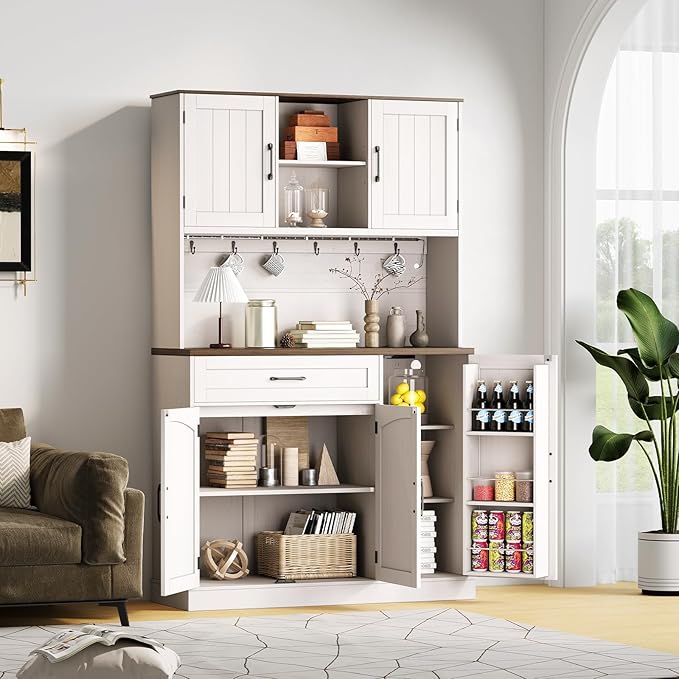 ONBRILL 71" Pantry Cabinet, Kitchen Pantry Storage Cabinet with LED Light & Outlet, Kitchen Hutch with Microwave Shelf & 6 Hook, Door Shelf & Drawer & Adjustable Shelf, Dining Room, Off White+Walnut