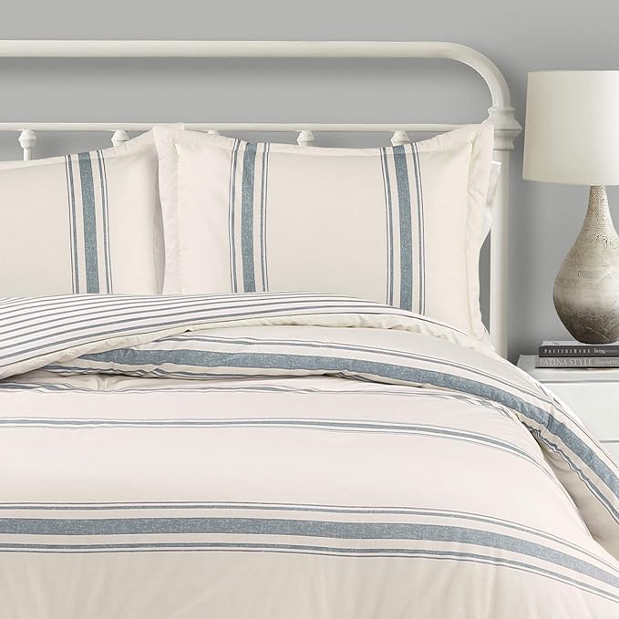 Lush Decor Farmhouse Stripe Reversible Cotton Comforter Set, 3 Piece Set, King, Blue - Cozy F𝚊rmhouse Bedding Set - Rustic Decor - Striped Comforter - Modern Farmho𝚞se Bedroom Decor