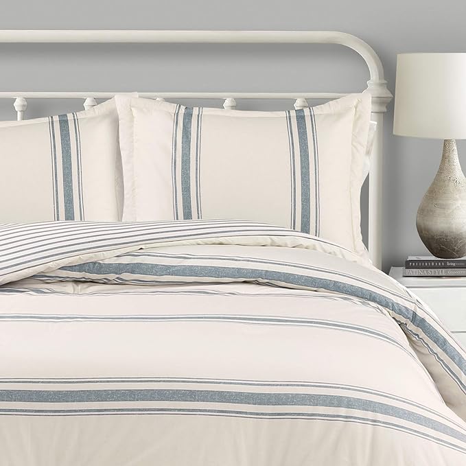 Lush Decor Farmhouse Stripe Reversible Cotton Comforter Set, 3 Piece Set, Full/ Queen, Blue - Cozy F𝐚rmhouse Bedding Set - Rustic Decor - Striped Comforter - Modern Farmho𝐮se Bedroom Decor