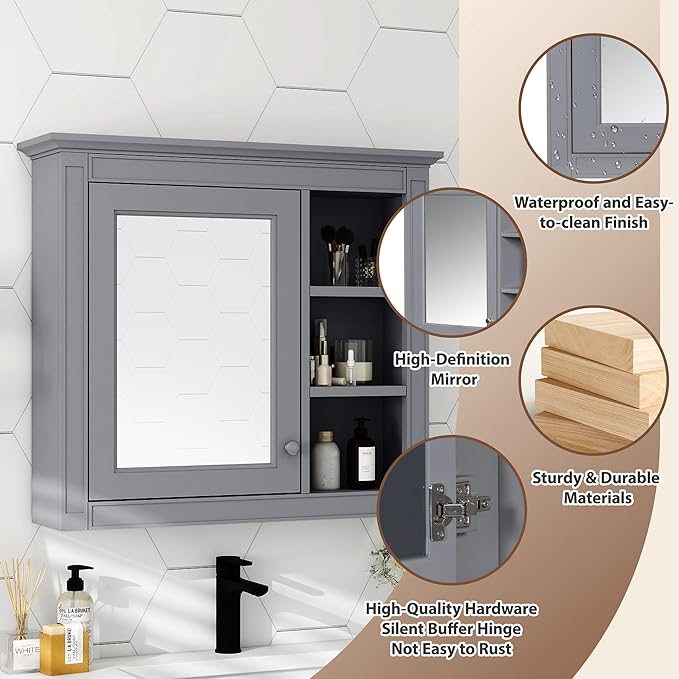 Bathroom Wall Cabinet with Mirror, 30'' x 28'' Medicine Cabinet with Mirror Door and Adjustable Shelves, Over Toilet Storage Cabinet, Wall-Mounted Bathroom Mirrors for Over Sink with Storage