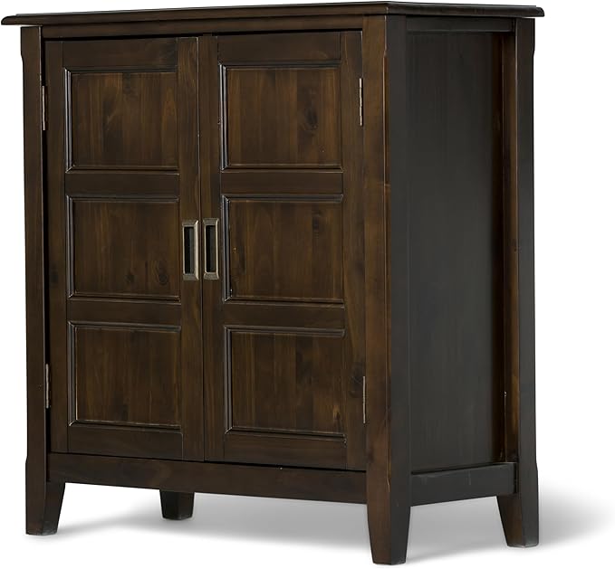 SIMPLIHOME Burlington SOLID WOOD 30 inch Wide Transitional Low Storage Cabinet in Mahogany Brown for the Living Room, Entryway and Family Room